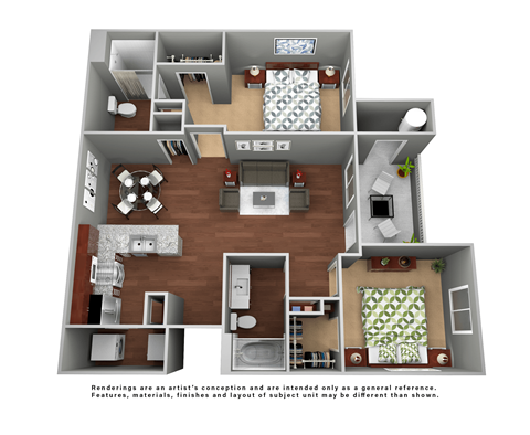 Floor plan for 2 beds, 2 baths, 1088 sqft